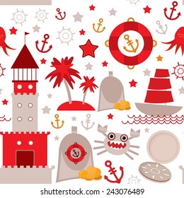 seamless pattern with sea icons on white background. Seamless pattern Red and gray. vector
