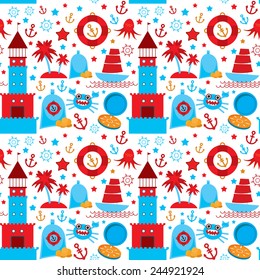 seamless pattern with sea icons on white background. Seamless pattern Red and blue. vector