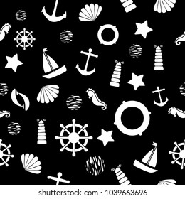 Seamless pattern with sea illustration. Ocean elements handwheel, lighthouse, lifebuoy, seashell, anchor, seahorse.  Marine doodle objects. Black background with cutting elements.