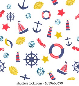 Seamless pattern with sea illustration. Ocean elements handwheel, lighthouse, lifebuoy, seashell, anchor, seahorse.  Marine doodle objects. White background.