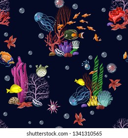 Seamless pattern with sea inhabitans and herb