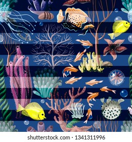 Seamless pattern with sea inhabitans and herb