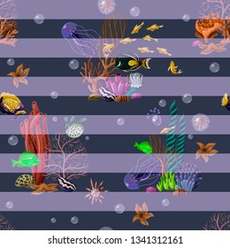 Seamless pattern with sea inhabitans and herb