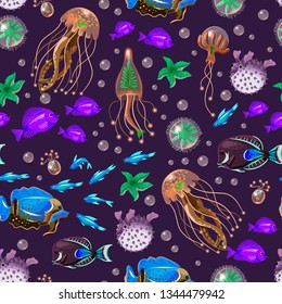 Seamless pattern with sea inhabitans and herb