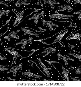 
Seamless pattern with sea inhabitants. Blue whale and sea turtle for children's designs.