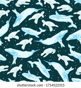 
Seamless pattern with sea inhabitants. Blue whale and sea turtle for children's designs.
