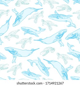 
Seamless pattern with sea inhabitants. Blue whale and sea turtle for children's designs.
