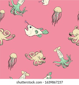 Seamless pattern with sea inhabitants, marine. Squid, angler fish, jellyfish, octopus