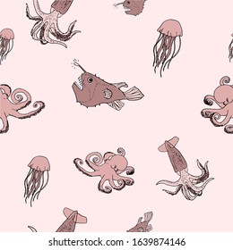 Seamless pattern with sea inhabitants, marine