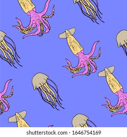 Seamless pattern with sea inhabitants, marine. Squid, jelly fish