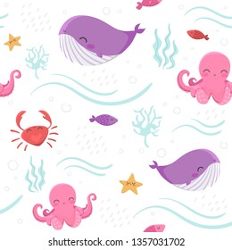 Seamless pattern with sea inhabitants: octopus, fish, starfish, whale, crabs and algae on white background