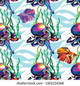 
Seamless pattern with sea inhabitants. Octopuses and fish. Stylish multi-colored pattern.