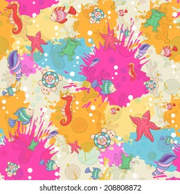 Seamless pattern with sea inhabitants on the background color blots,inks. Vector illustration.