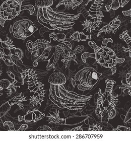Seamless pattern with sea inhabitants on a dark background. Vector illustration for your design