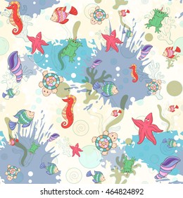 Seamless pattern with sea inhabitants on the background color blots,inks. Vector illustration.