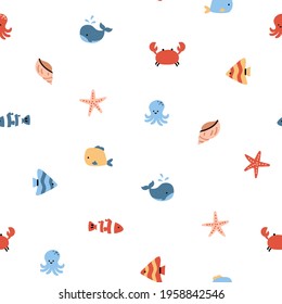 Seamless pattern with sea inhabitants. Repeat design with fish, octopus, whale, sea star and shell. Flat vector illustration
