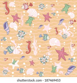 Seamless pattern with sea inhabitants. Vector illustration.