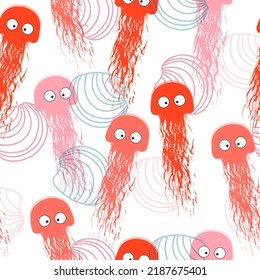 Seamless pattern with sea inhabitants. Watercolor sea inhabitants on a white background, whale, dolphin, jellyfish, fish and sea flowers.  Ocean fauna in quartz and serenity colors on white background