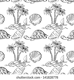 Seamless pattern. Sea island with palm trees, boat, turtles, shells. Black contour on white background. Vector