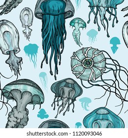 Seamless pattern with sea jellyfish.