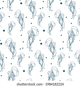 Seamless pattern with sea jellyfish in a linear style. A design element with marine life. Dark outline on a white background. EPS10.
