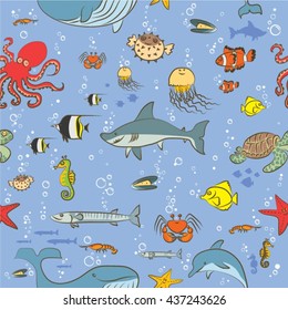 Seamless pattern sea life  animals painted by hand as a simple child's drawing on a blue background