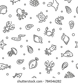 Seamless pattern with Sea life, black and white icons