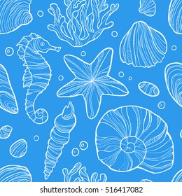 Seamless pattern with sea life. Blue color. Art vector illustration.