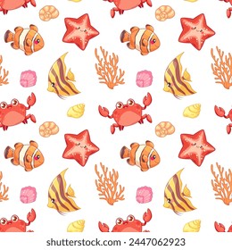 Seamless pattern of sea life. Crab, fish, shells, coral on white background. Vector illustration for kids prints, fabrics