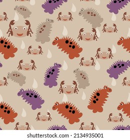 Seamless pattern of sea life with cute craps, dino sea creatures, and drops of rain. trend Colours vector illustration on beatiful background, new  illustration characters for kids products 