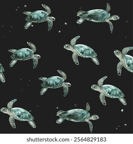 seamless pattern with sea turtles，Sea Life Pattern, Deep Sea, Bubbles