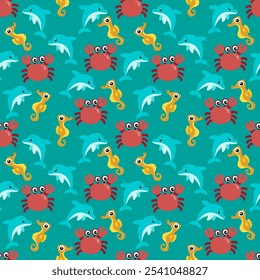 Seamless pattern with sea life design on turquoise background.