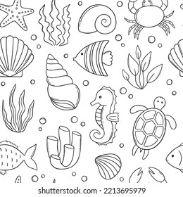 Seamless pattern of sea life doodle. Underwater elements: shells, fish, corals and seaweed in sketch style. Hand drawn vector illustration