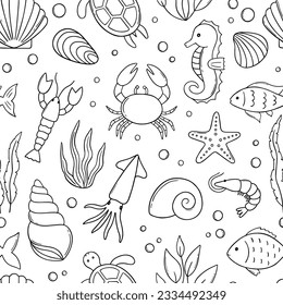 Seamless pattern of sea life doodle set. Marine life elements. Sea animals, fish, shrimp, algae, corals, turtle, dolphin in sketch style. Hand drawn vector illustration