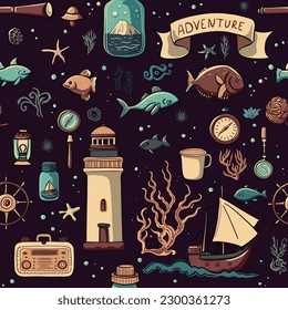 Seamless pattern sea life. Fishes, lighthouse, sail ship, seaweeds, old navy compass, stars, corals, undersea elements. Ocean cartoon vector doodle - nautical, travel items. Underwater repeated design