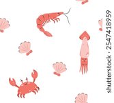 Seamless pattern sea life. Marine animals shrimp, crab and squid on white background. Vector illustration.