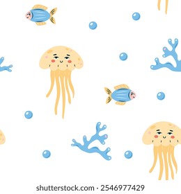 Seamless pattern sea life. Marine animals fish and jellyfish on white background. Vector illustration.