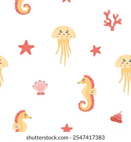 Seamless pattern sea life. Marine animals jellyfish and seahorse on white background. Vector illustration.