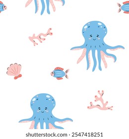 Seamless pattern sea life. Marine animals fish and octopus on white background. Vector illustration.