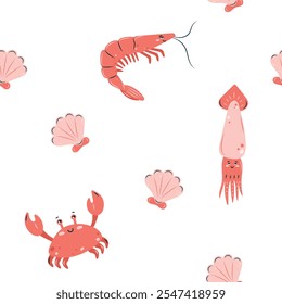 Padrão contínuo de vida no mar. Animais marinhos camarão, caranguejo e lula sobre fundo branco. Ilustração vetorial.