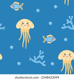 Seamless pattern sea life. Marine animals fish and jellyfish on blue background. Vector illustration.