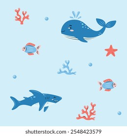 Seamless pattern sea life. Marine animals whale, fish and shark on blue background. Vector illustration.