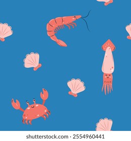 Seamless pattern sea life. Marine animals shrimp, crab and squid on blue background. Vector illustration.