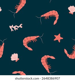 Seamless pattern sea life. Marine animals shrimp and starfish on dark background. Vector illustration.