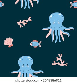 Seamless pattern sea life. Marine animals fish and octopus on dark background. Vector illustration.