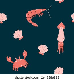 Padrão contínuo de vida no mar. Animais marinhos camarões, caranguejos e lulas sobre fundo escuro. Ilustração vetorial.