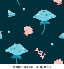 Seamless pattern sea life. Marine animal stingray fish on dark background. Vector illustration.