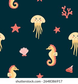 Seamless pattern sea life. Marine animals jellyfish and seahorse on dark background. Vector illustration.