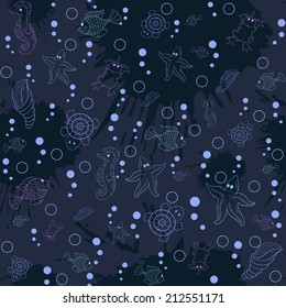 Seamless pattern sea life on the  dark background of blots ink, with :fish, turtle,shell,seawee d,jelly fish,coral,sea urchins,fish Hammer,lobster,bubb les