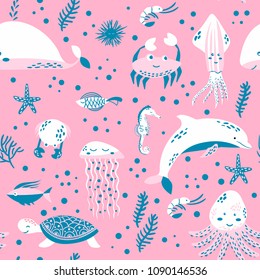 Seamless pattern sea life. Underwater world. Fish, jellyfish, crab, dolphin, squid, whale, tortoise, sea horse, octopus, seaweed, starfish, sea urchin on pink. Vector flat illustrations and icon set